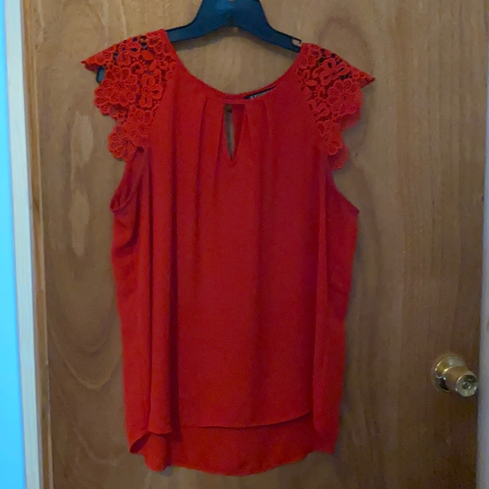EXPRESS Red Lace Cap Sleeve Peephole Top LARGE